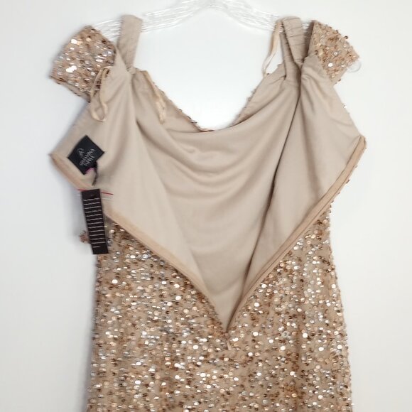 Adrianna Papell Gold Sequined Off-Shoulder Dress - Picture 8 of 13
